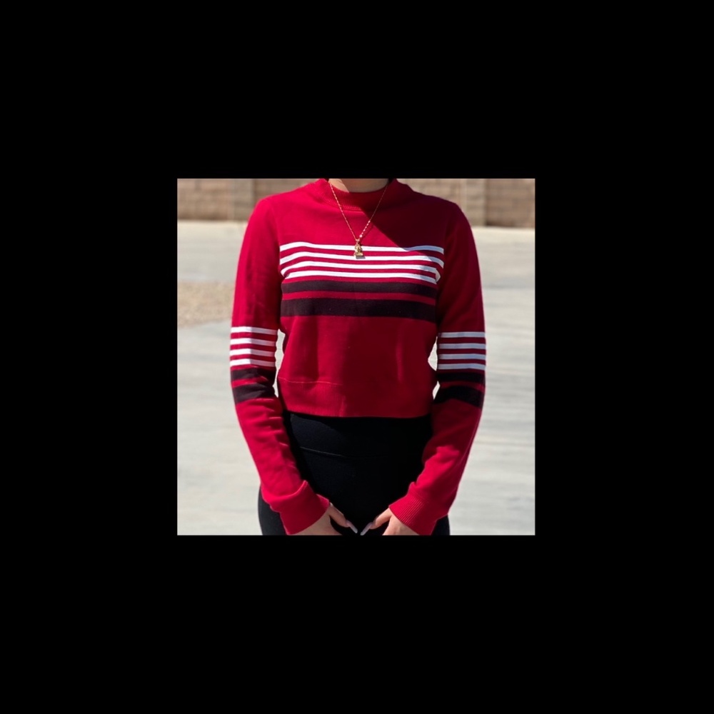 Red with White & Black Stripes Crew Neck